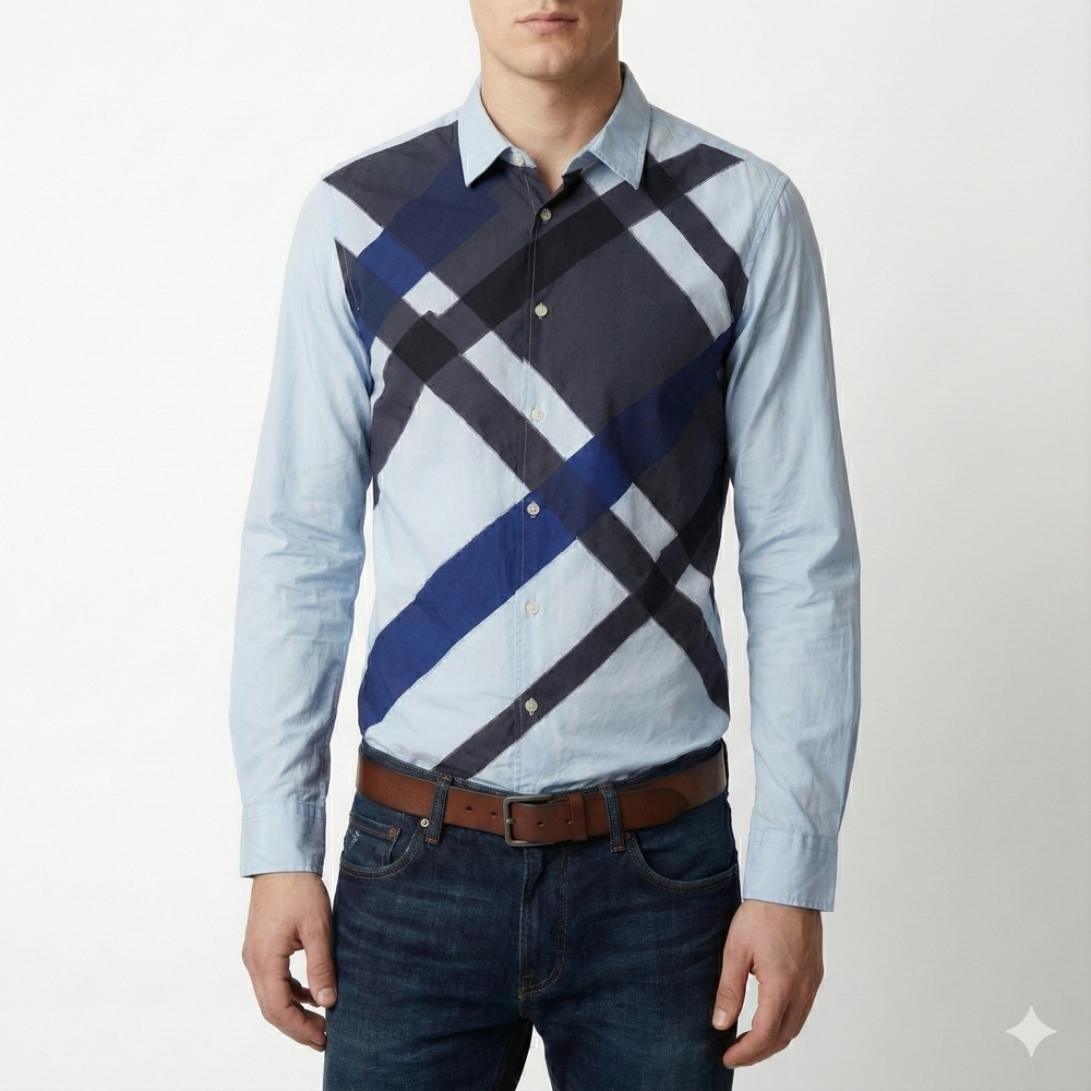 Armani Exchange Blue and Black Diagonal Plaid Shirt